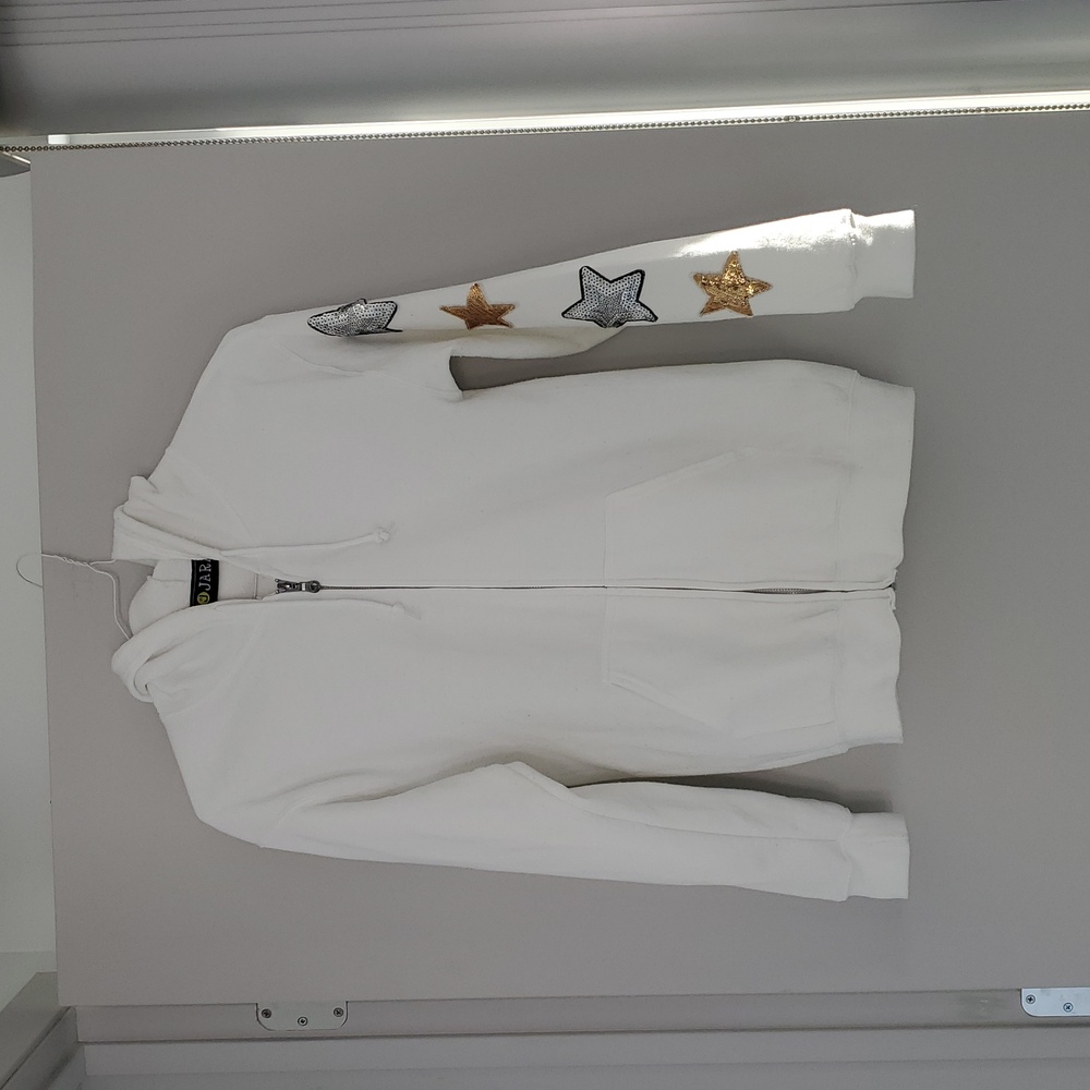 Sojara white hooded sweatshirt.